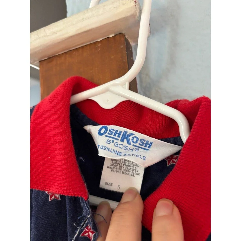 Vtg OshKosh B'gosh Blue Red Star Print Button Down Shirt Size 6 USA patriotic