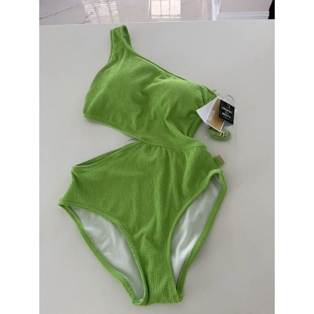 MICHAEL Kors Women's swimsuit Ribbed One-Shoulder Side-Cutout Swimsuit Green 8
